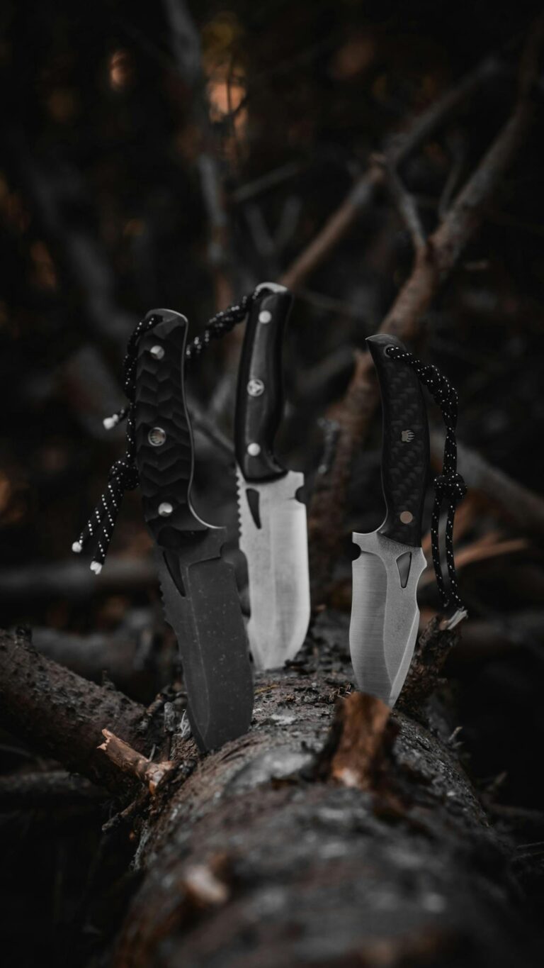 Three survival knives embedded in a tree trunk in a forest setting in Bolu, Türkiye.